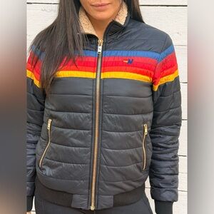 Aviator Nation Black Bomber Jacket with Multicolor Stripes